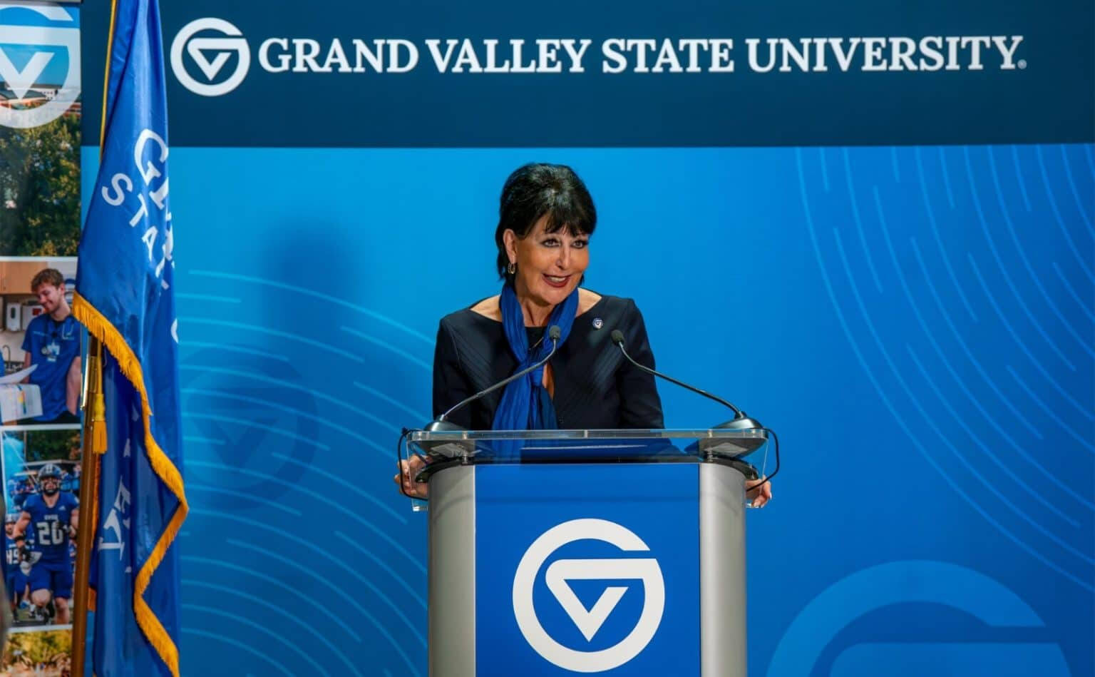 President Philomena V. Mantella speaks as part of a press conference at the DeVos Center on the City Campus announcing federal support for GVSU’s AI education initiative last month.